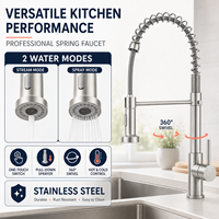 Robinet de cuisine commercial moderne en acier inoxydable avec douchette extractible, monocommande, design à ressort, finition brossée, mitigeur chaud/froid pour évier