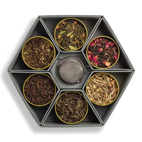 Coffret Cadeau de Thé Personnalisé en Boîtes Métalliques Rondes, Assortiment de Thés Aromatisés, Lot de 6 Boîtes à Fenêtre avec Filtre