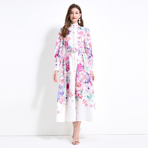 Vintage Stand Collar <strong>Printed</strong> Long <strong>Skirt</strong> Women European and American Elegant Dress - Product Image 4