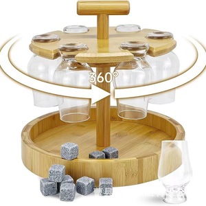 Porte-verres à vin rotatif en bois avec plateau de rangement pour la cuisine et le salon, idéal pour les fêtes, couleur bois naturel, design rond - Product Image 1