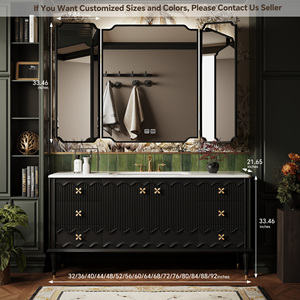 Meuble-lavabo flottant de luxe en bois massif, style romantique français, avec vasque en céramique et plateau en marbre, et armoire miroir LED intelligente - Product Image 3