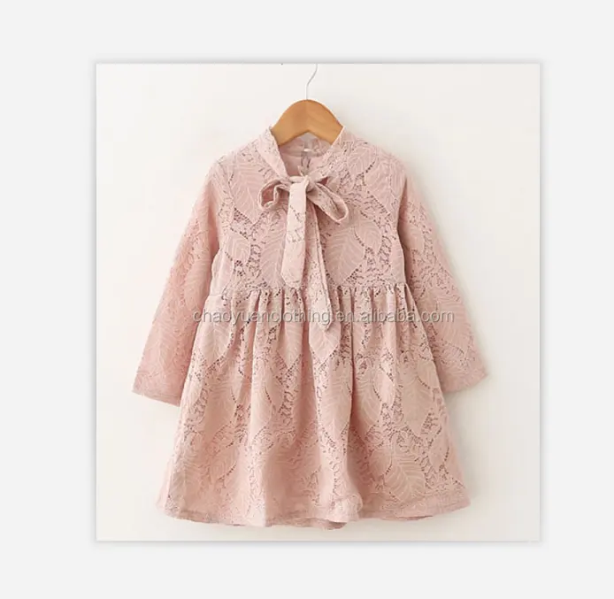 New Fashion Sweet Girl Autumn Pink Lace Patterns Bow Fall Dresses Children