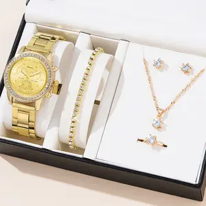 5PCS Set Luxury Watch Mulheres Anel Colar Brinco Rhinestone Moda Relógio De Pulso Casual Ladies Relógios Pulseira Set