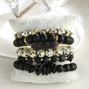 Conjunto de Pulseras de Piedras Preciosas Negras de Estilo Bohemio, Unisex, con Cuentas de Jaspe Dalmático, 6 Piezas - Product Image 3