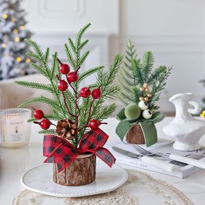 Décoration de table de Noël, base en bois, mini <span class=keywords><strong>sapin</strong></span> de Noël, ornement de bureau, branches de pin artificielles, <span class=keywords><strong>rouge</strong></span> et <span class=keywords><strong>blanc</strong></span> - Product Image 2