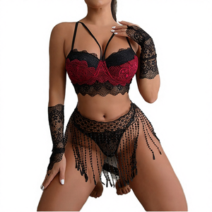 Lingelei 蕾丝上托文胸丁字裤内裤流苏腰带透明情趣性感华夫格面料女式情趣内衣 - Product Image 4