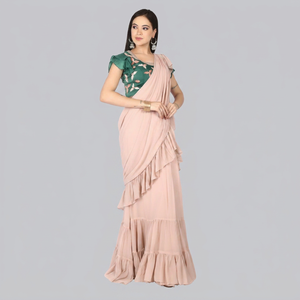 Parfait pour toutes les occasions et facile à porter. Saree à volants prêt-à-porter avec des perles et des broderies sur la blouse. - Product Image 1