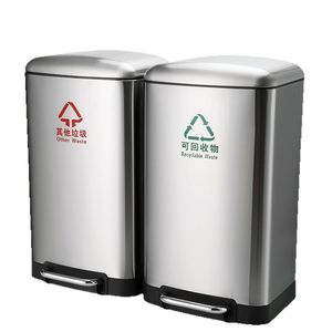 Venta directa de contenedores de basura comerciales de acero inoxidable, de doble compartimento, accionados con el pie, con tapa, silenciosos, para separación de residuos húmedos y secos. - Product Image 1
