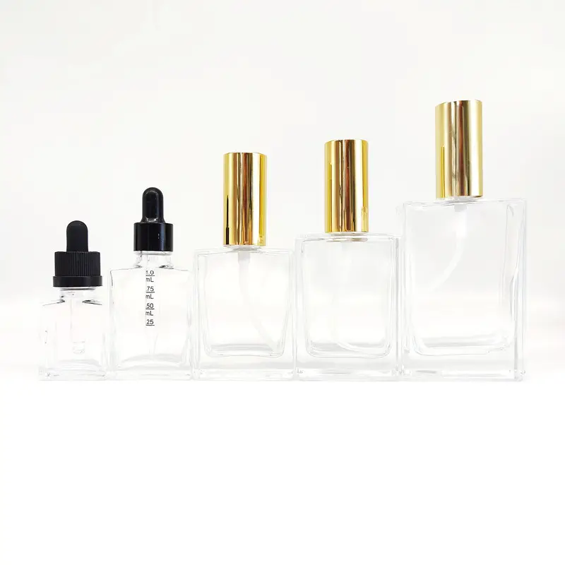 Flacon compte-gouttes en verre carré, pulvérisateur de parfum, de 15ml, 30ml, 50ml, 60ml, 100ml