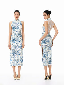 Cheongsam Personalizable de Estilo <span class=keywords><strong>Chino</strong></span> en Porcelana Azul y Blanca, Antiestático, con Costuras de Encaje, Sin Mangas, Cintura Alta, Modelo <span class=keywords><strong>A71</strong></span> - Product Image 1