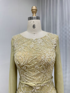 MY30192 فساتين سهرة مطرزة بالخرز برقبة مغرفة صفراء بأكمام طويلة لأم العروس ثوب حفلة أنيق للنساء - Product Image 4