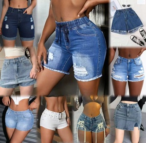 Shorts de mezclilla elásticos plisados de cintura alta para <span class=keywords><strong>mujer</strong></span>, talla grande, transpirables, de secado rápido, impermeables, estilo casual recto, lavados, 2026 - Product Image 3