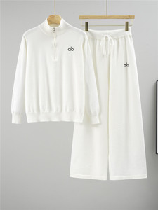 Completo da donna elegante autunno/inverno: Top a mezza zip in maglia sportiva casual e pantaloni a gamba larga, vestibilità comoda, per il tempo libero e il tempo libero. - Product Image 1
