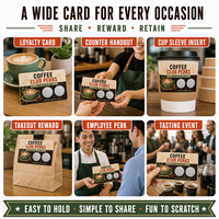 Cartes postales à gratter CMYK Premium pour programme de fidélité café, coupons de récompense larges pour les avantages de l'adhésion au café et les campagnes de rétours clients