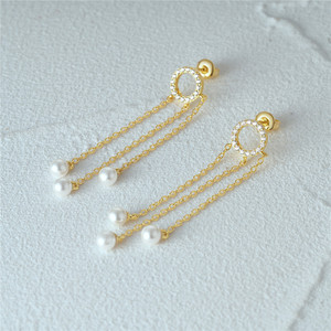 CANNER S925 Sterling Silver Pearls Tassel Lines Zircon <b>Stud</b> <b>Earrings</b> 18K Gold Plated Tassel <b>Chain</b> Engagement Party - Product Image 2