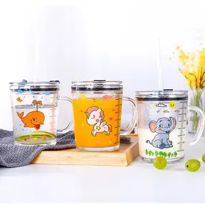 Children's Glass Measuring Baby Drink Cup Cartoon Cute Mugs Milk Water Kids Cups with Lids and Straws