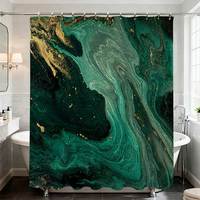 Rideau de douche numérique 3D vert, écologique, minimaliste, en polyester imperméable, texture marbre doré, 12 crochets, rideau de salle de bain