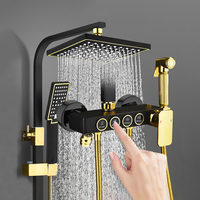 Système de douche thermostatique en céramique et laiton carré, jet de massage, noir or, mitigeur de baignoire, robinet à double poignée, ensemble de douche de salle de bain