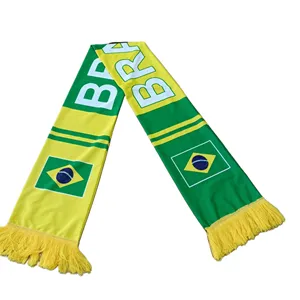 Promotional Brazil All Countries National Day Football Fan Spandex/ Satin/ Acrylic Scarf Soccer Custom Design Knitted Scarf