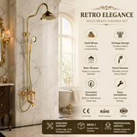Ensemble de douche en laiton de luxe finition or antique, avec pommeau de douche pluie cloche, poignée en céramique et douchette téléphonique, vente en gros