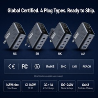 Chargeur GaN3 148W 4 ports avec affichage numérique intelligent, USB-C PD pour ordinateur portable, téléphone, tablette, certifié CE FCC RoHS