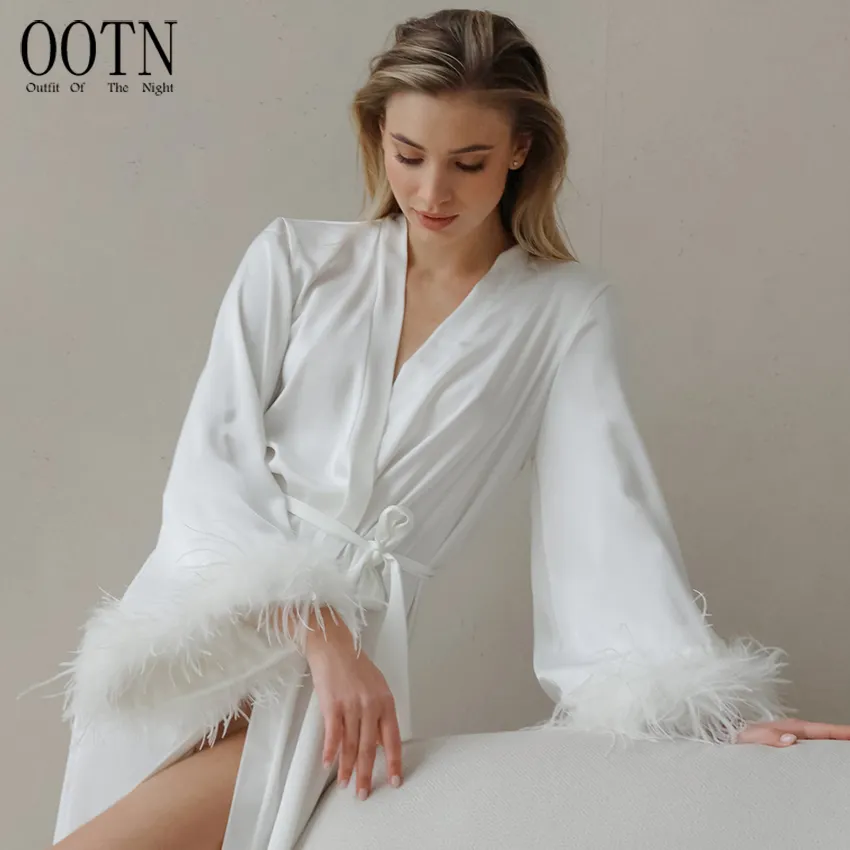 OOTN 2023 jubah mandi wanita baru gaun pernikahan Satin untuk wanita jubah pengantin jubah panjang bulu putih untuk pakaian tidur wanita