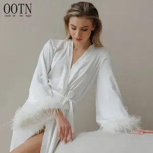 OOTN 2023 New Bathrobe Female Robes Satin Wedding Dresses For Woman Bride Robe White Feathers Long Robes For Women Sleepwear