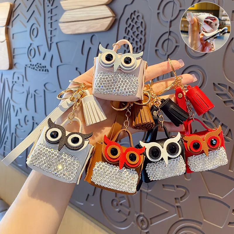 Baimao Creative Cute Rhinestone Pu Leather Owl Purse Keychain Female Diamond Bag Crystal Pendant Key Chain With Tassel