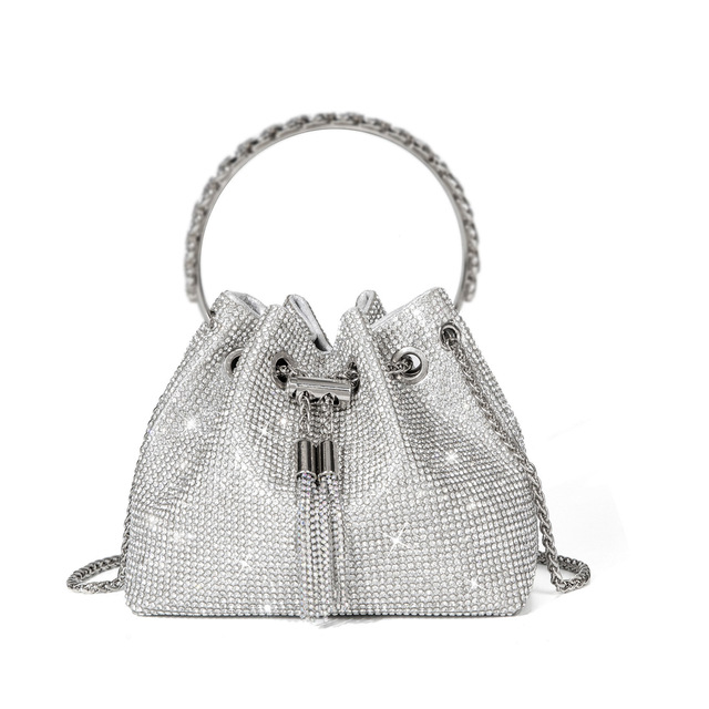 Diamond-embedded Shiny Crystal Pull-belt Portable Small Bucket Bag High-texture Crossbody Small Bag Trendy Dinner Bag