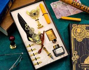 ชุดปากกาลูกลื่นสไตล์วินเทจสุดหรู ประดับเฟือง ตกแต่งด้วยขนนก หัวเขียน 0.5 มม. หมึกดำ วัสดุโลหะ ไม่สามารถลบได้ - Product Image 6