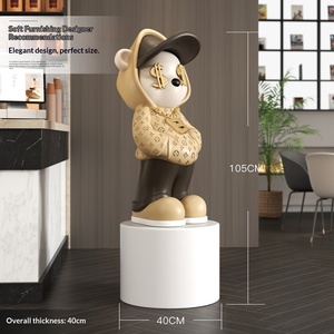 Grande sculpture d'ours en résine peinte, style art populaire de dessin animé, tendance, pour décoration au sol dans le salon, l'entrée ou pour exposition à domicile - Product Image 1