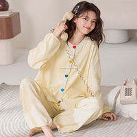 Ensemble de pyjama en tricot gaufré pour femmes, boutons en forme de cœur, manches longues, vêtements de nuit en coton, décontracté, ample, printemps et automne, nouvelle tenue de nuit