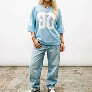 Light <b>Blue</b> Womens <b>Mesh</b> Soccer Jersey Oversized V Neck Short Sleeve Number Print Customized Team/Brand Casual Streetwear <b>Top</b> - Product Image 1