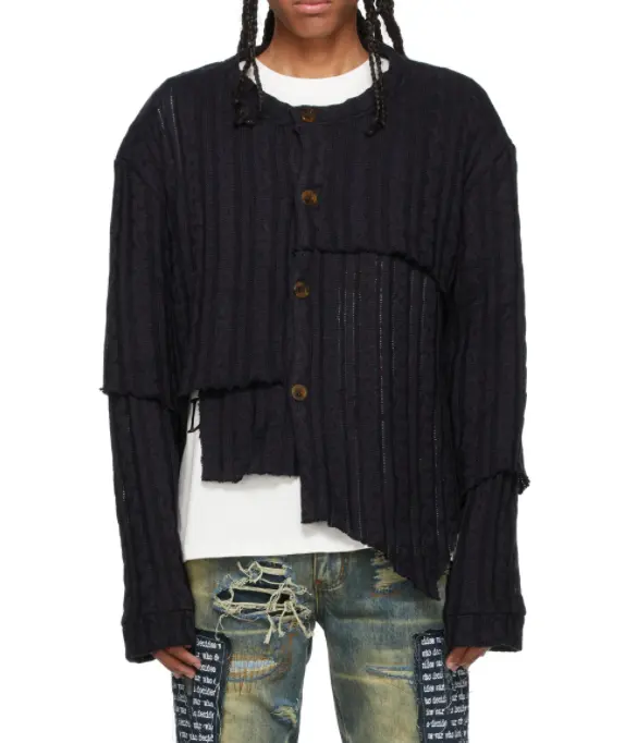 FYB स्टाइलिश आकस्मिक डिजाइनर फैशन बुना हुआ काले कस्टम चालक दल गर्दन बटन अप के लिए अनियमित व्यथित कार्डिगन बुनना स्वेटर पुरुषों