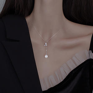 Collier tendance en argent sterling 999 avec perles et nacre, motif libellule, papillon, croix ou chaîne de pull pour femme, électroplaqué - Product Image 5