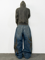Jean Bootcut Homme Ample Délavé Coupe Large Brodé Vintage Baggy Denim Streetwear Imprimé Motif