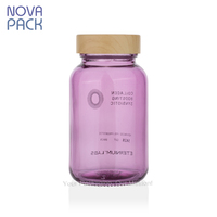 100cc 120cc 150cc 200cc bouteille de vitamine en verre violet à large bouche, emballage de suppléments bouteille en verre capsule avec couvercle en bambou