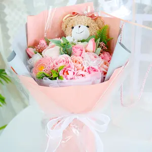 Valentine's day handmade soap rose bouquet with teddy bear in PVC bag with ribbon bear gifts