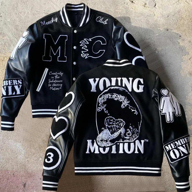 Produsen Oem kualitas tinggi Chenille bordir pria universitas bisbol kustom Bomber jaket kulit Varsity crop Letterman