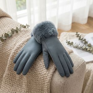 Guantes de cuero para mujer con pantalla táctil, puños de piel sintética de conejo, guantes térmicos a prueba de viento para conducir, uso diario en otoño e invierno - Product Image 1