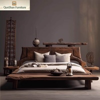 Lit double en bois massif style Wabi-Sabi vintage, couleur bois naturel, lit d'hôtel B&B, lit de style chinois pour chambre principale, lit de rêve 180x200cm