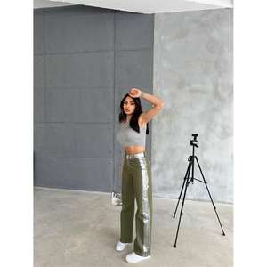 Pantalon palazzo en gabardine kaki pour femme, taille haute, respirant, style décontracté, pantalon hip-hop avec fermeture élastique à la taille - pour filles - Product Image 6