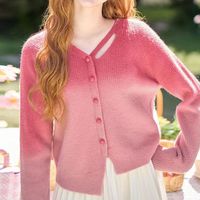 Haut tricoté à manches longues rose dégradé de style nouveau-Design féminin, niche, haut tricoté asymétrique à manches courtes