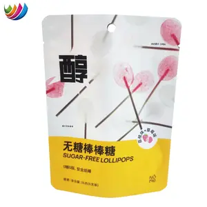 Customizable Logo Sugar Free Lollipop Outer Packaging Standing Bag With Hanging Holes