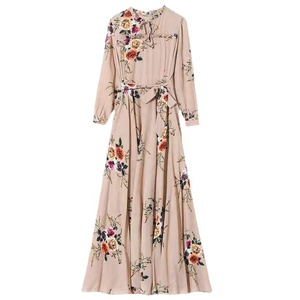 <span class=keywords><strong>Robe</strong></span> décontractée élégante pour femme en mousseline <span class=keywords><strong>de</strong></span> soie à imprimé floral, manches longues, coupe trapèze, ajustée, avec col montant et laçage, collection printemps - Product Image 4