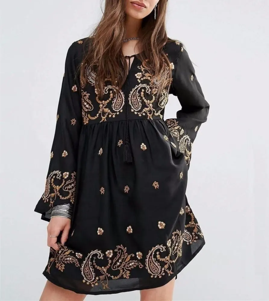 High Quality Pakistan Black Dress Women Vintage Long Sleeve Loose Plus Size Clothes Ladies Casual Clothing STb-0205