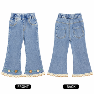 Pantalones Vaqueros para Niña Pequeña, Cintura Elástica, Lavado Claro, Dobladillo Bordado con Encaje, Jeans para Niños - Product Image 4