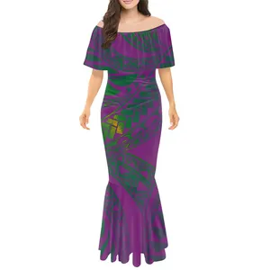 サモアのPuletasiドレスの伝統的なポリネシアのプリントカスタムパターンマーメイドドレスオフショルダーボディコン女性のためのPuletasiドレス