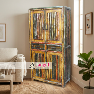 Armoire vintage en bois massif de style rustique avec des lignes verticales, en lin, fabriquée à la main, à bas prix, 4 portes et 2 tiroirs, meubles indiens pour la maison - Product Image 5