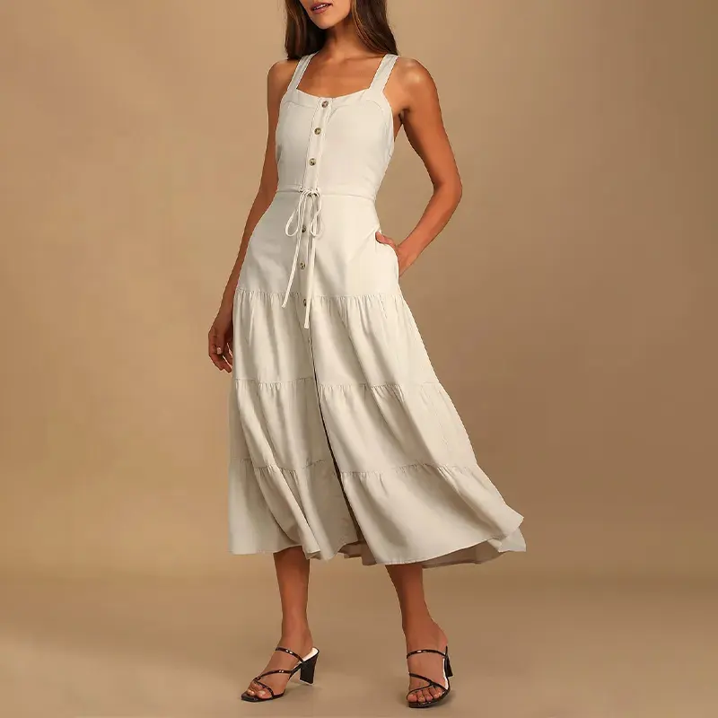 Cepler keten elbise ile yaz OEM hizmeti yeni Midi elbise özelleştirilebilir düğme-ön katmanlı keten kolsuz Midi elbise